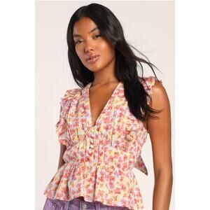 Lulus Peplum Top Flirtatious Blooms Multi Floral Ruffled Sleevelees Orange Sz S